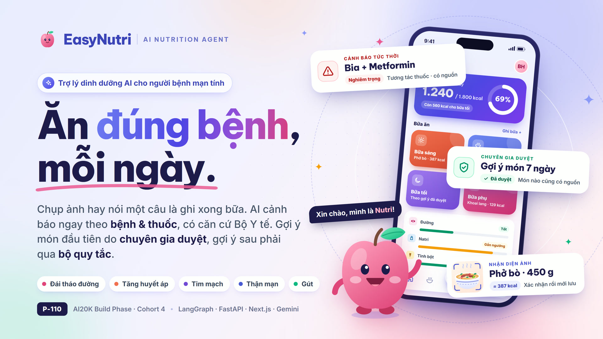 EasyNutri, ăn đúng bệnh mỗi ngày: cảnh báo tức thời bia uống cùng metformin, gợi ý món 7 ngày đã được chuyên gia duyệt, nhận diện ảnh tô phở bò 450 g, và linh vật Nutri.
