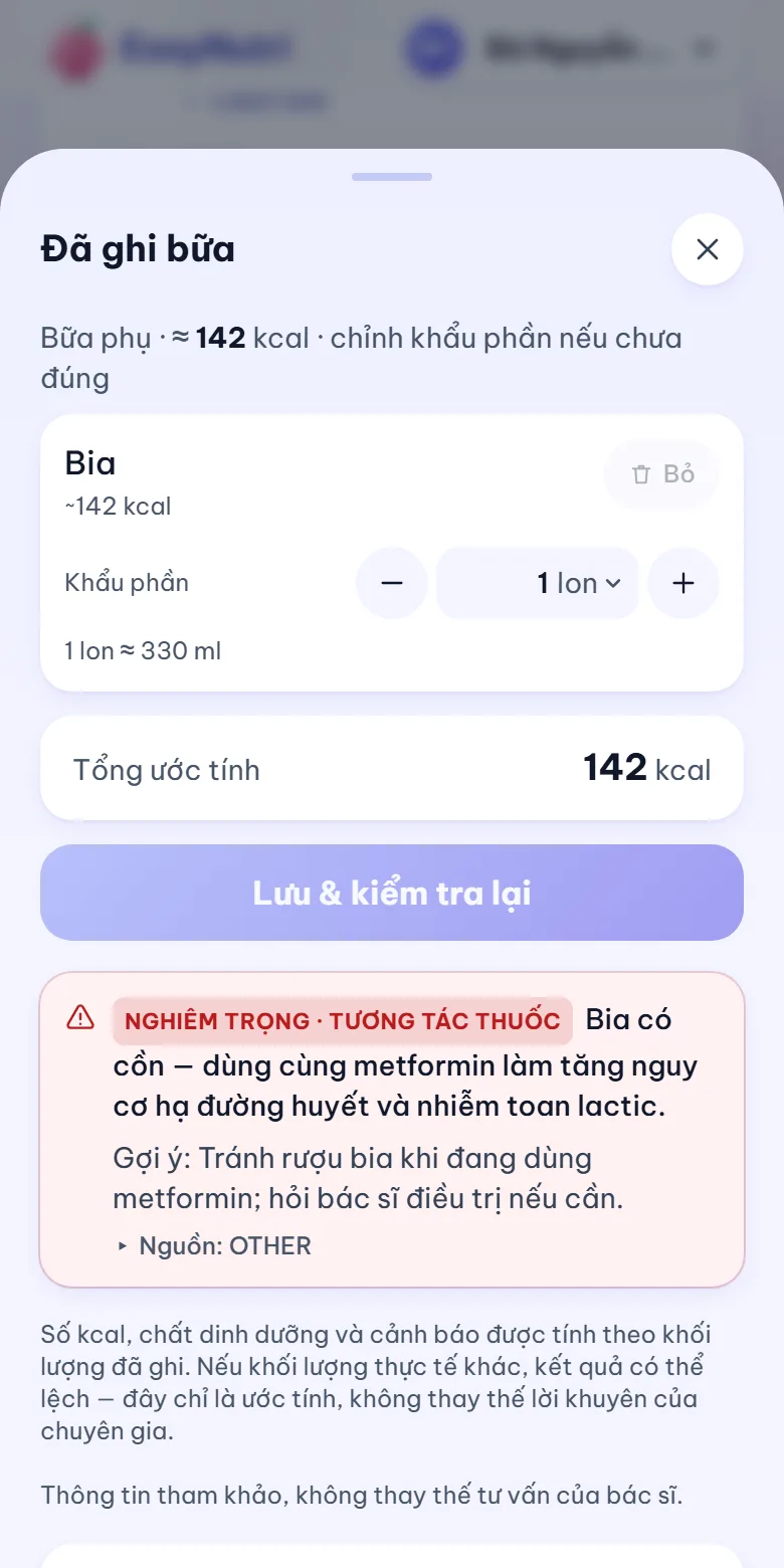 Màn hình Đã ghi bữa: cảnh báo nghiêm trọng, tương tác thuốc giữa bia và metformin.