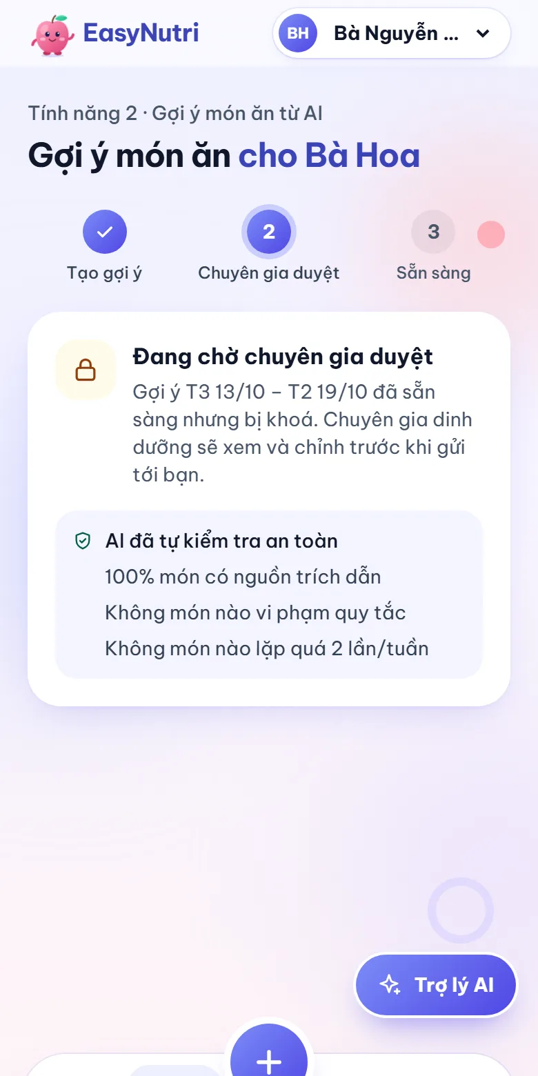 Màn hình Gợi ý món ăn đang chờ chuyên gia duyệt, kèm kết quả AI tự kiểm tra.