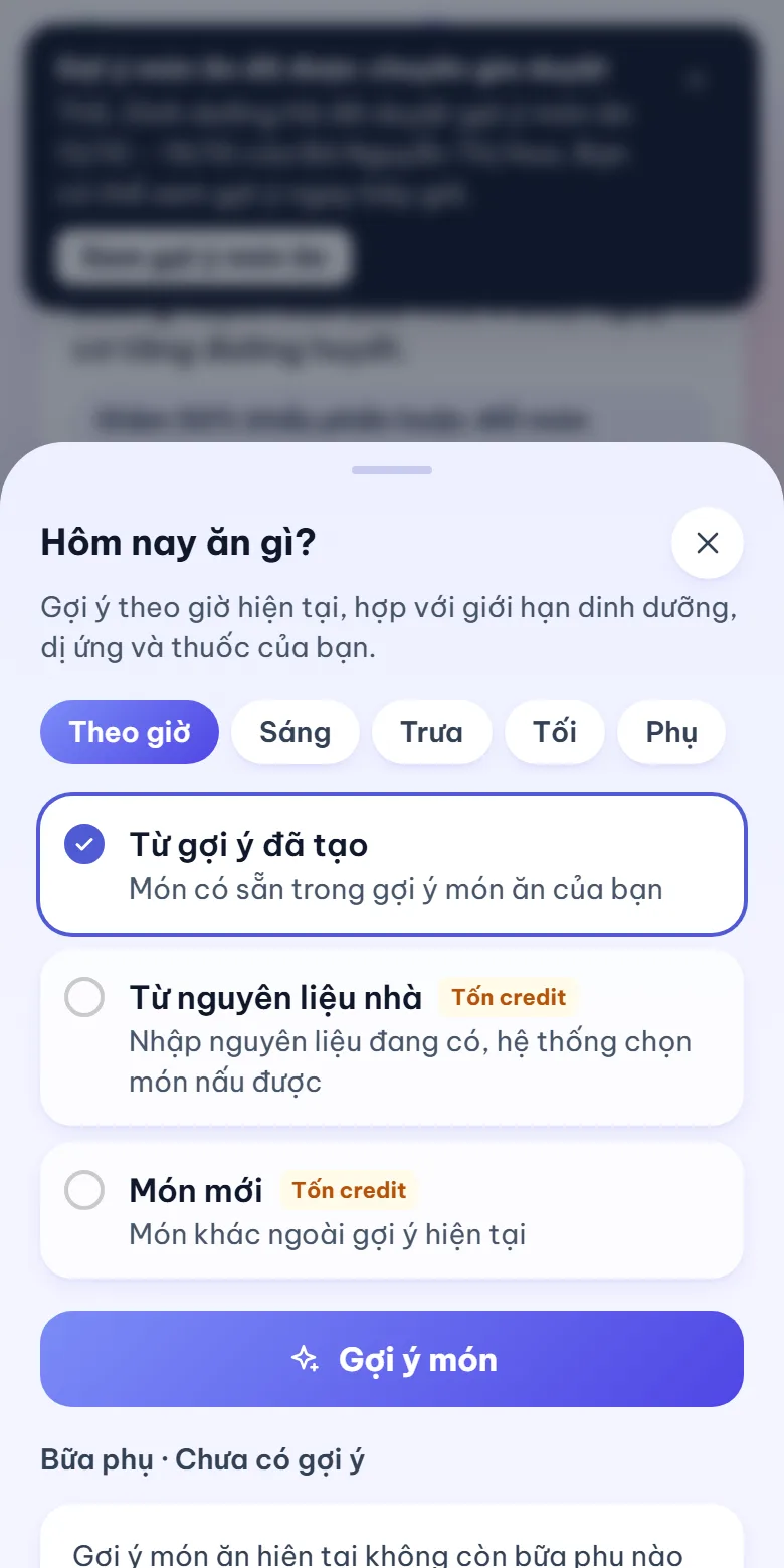 Bảng Hôm nay ăn gì với ba cách chọn món.