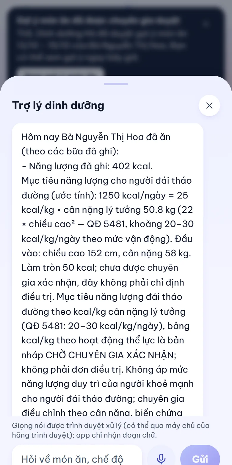 Trợ lý dinh dưỡng trả lời câu hỏi về năng lượng đã ăn trong ngày.